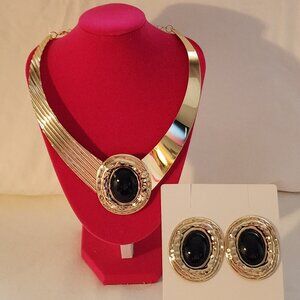 Statement necklace & earring set gold tone black stone costume NIP